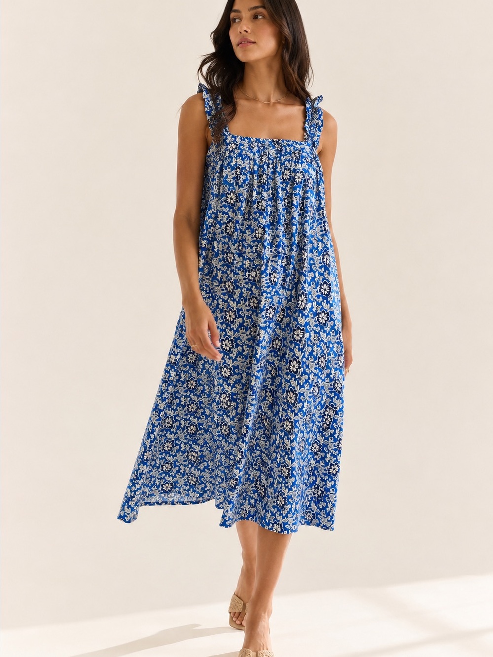 J. Crew | Blue Floral Cotton Midi Sundress Square Neck Ruffle Strap Lined Size S